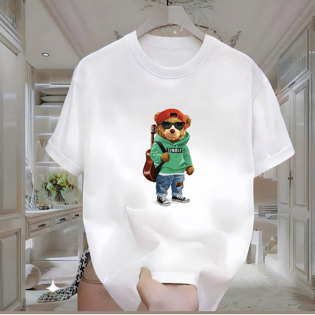 Gitarlı Ayı Baskılı Tshirt